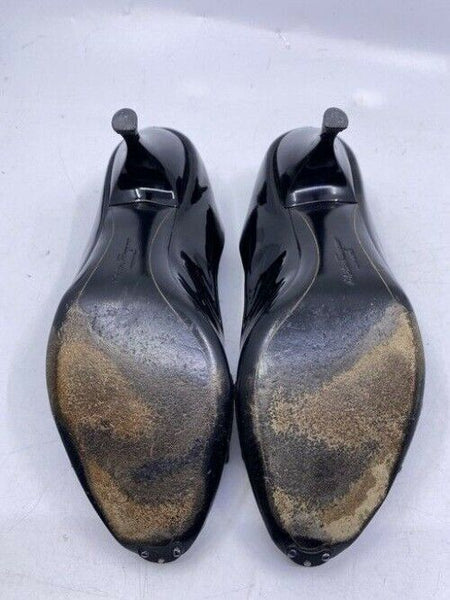 Salvatore Ferragamo Black Ribes Open Toe Bow Pumps Size Us