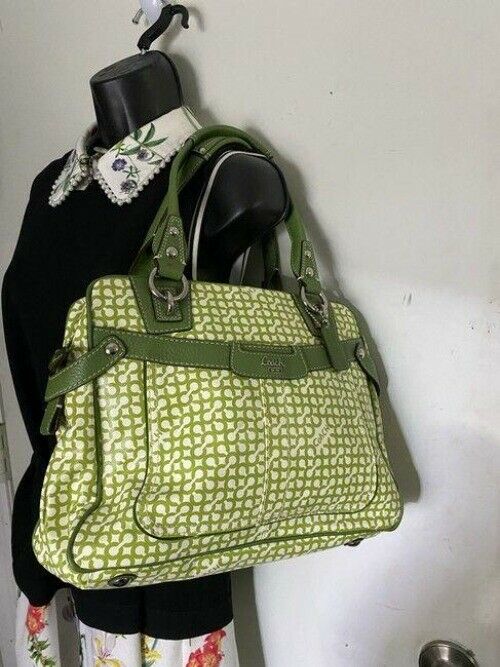coach medium handbag green white coated canvas tote