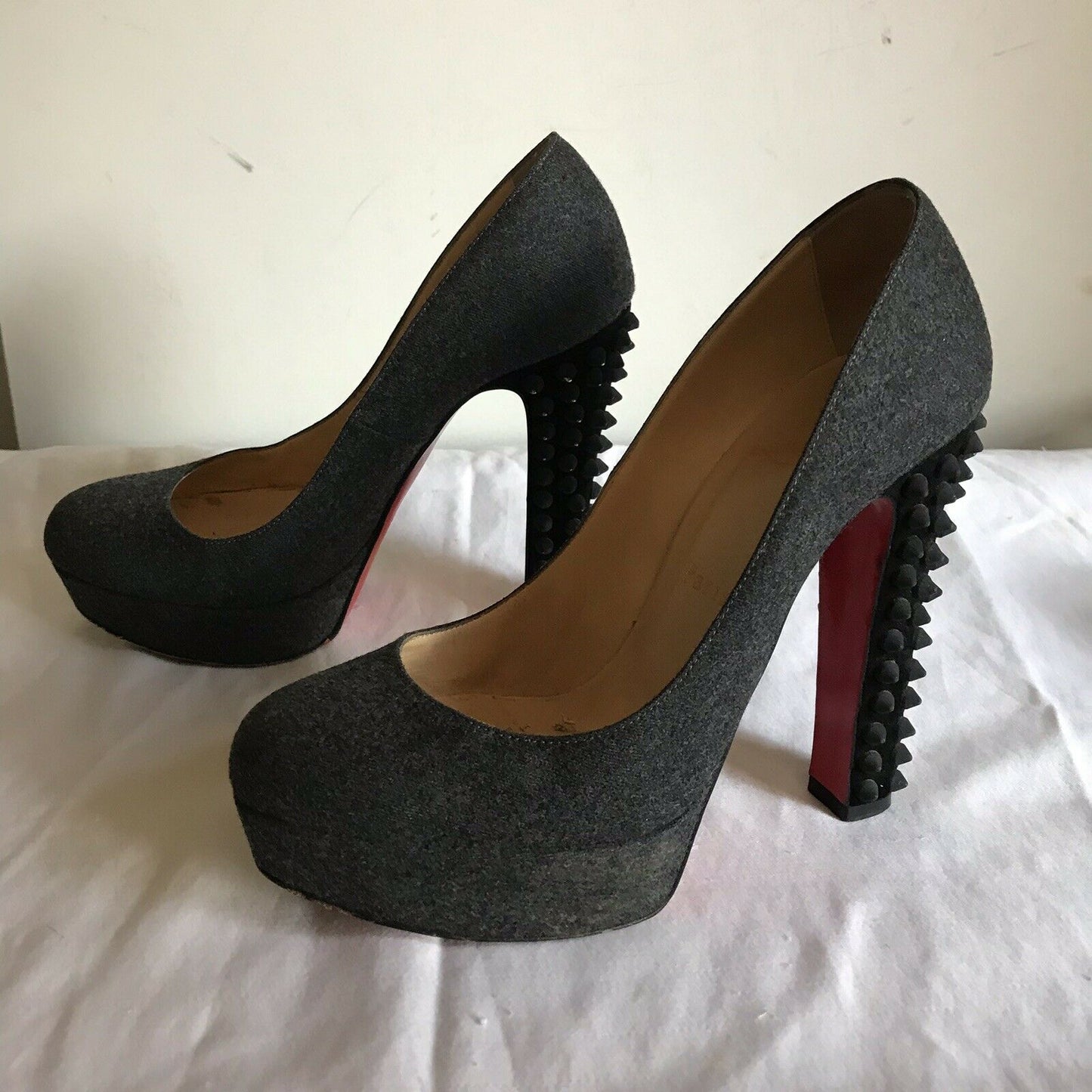 CHRISTIAN LOUBOUTIN Grey Denim Classic Pumps W/ Heel Spikes On Heels 36.5