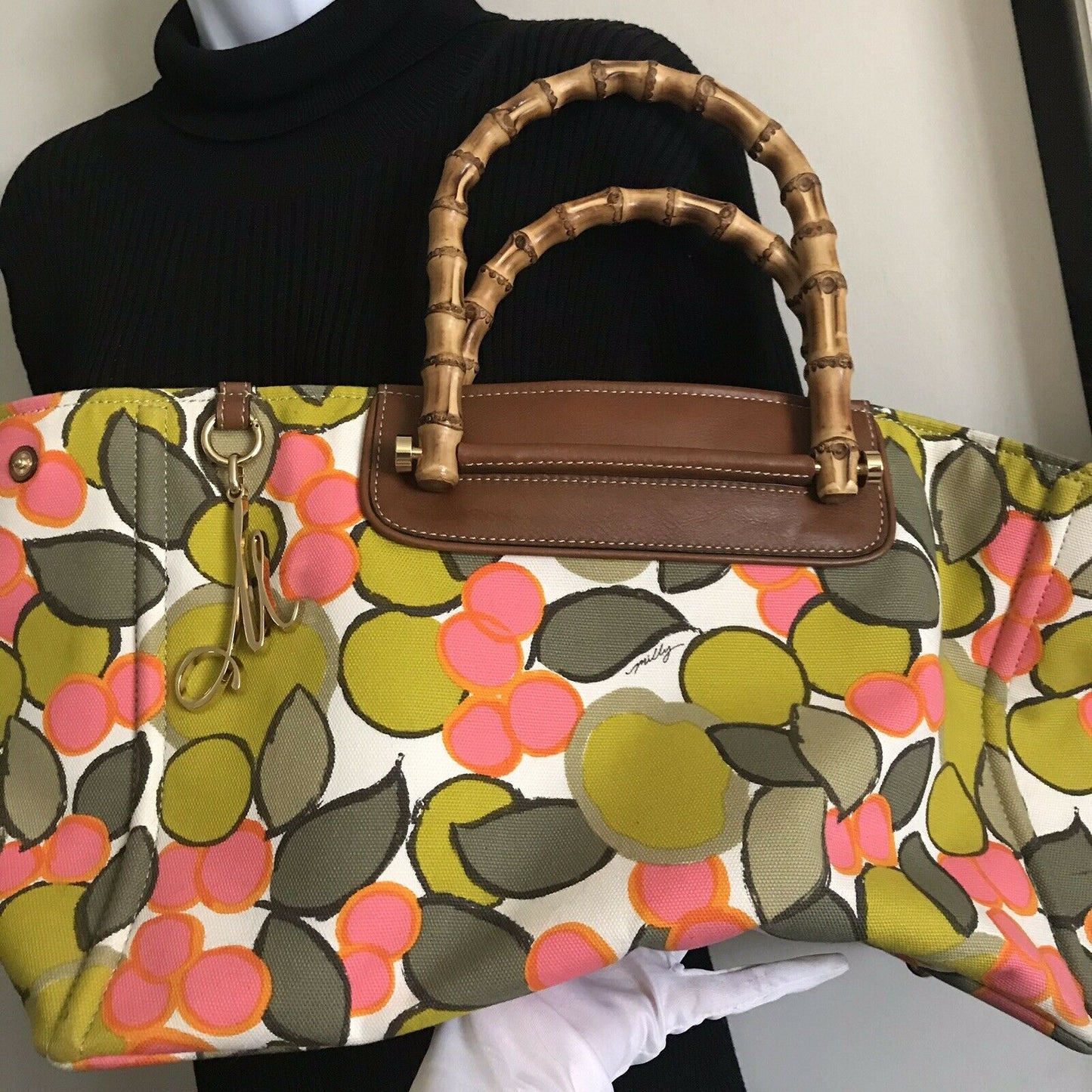 MILLY XL Printed Canvas Tote With Bamboo Handle