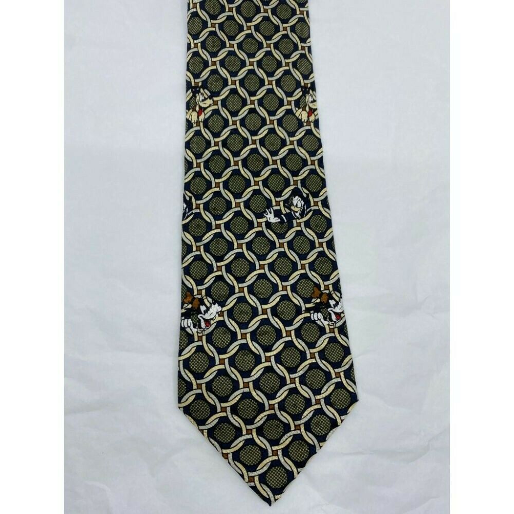 MICKEY MOUSE Disney Neck Tie Black Green Cream Hand Made 100% Silk
