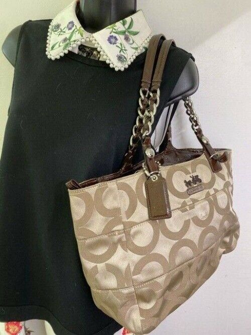coach bag beige black fabric tote