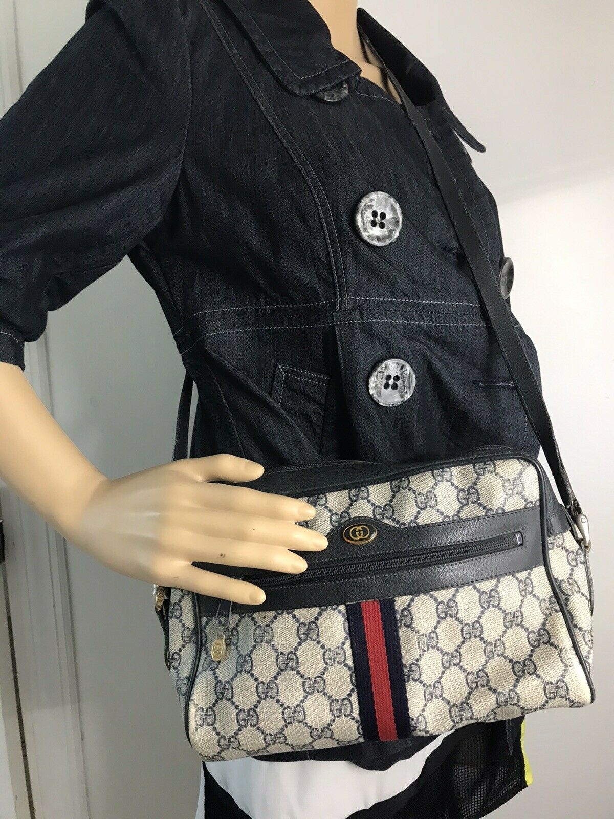 GUCCI Vintage Navy  Shoulder Bag All Over Signature