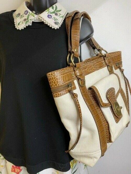coach bag xl w w croc embossed leather trim brown white canvas tote