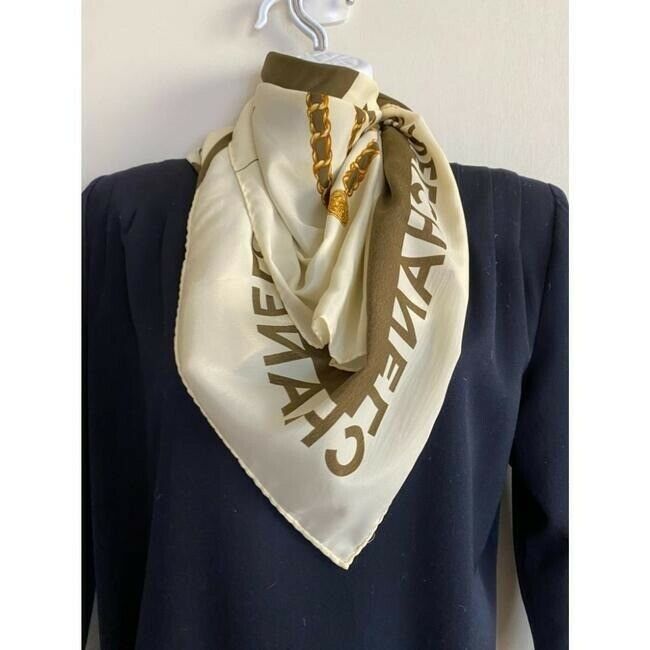 CHANEL Vintage Silk Ivory Scarf W/ iconic Chanel Lady design