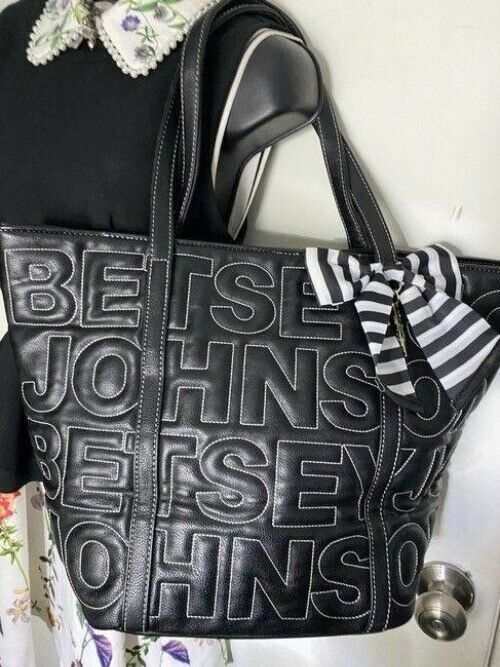 betsey johnson bag black white leather tote