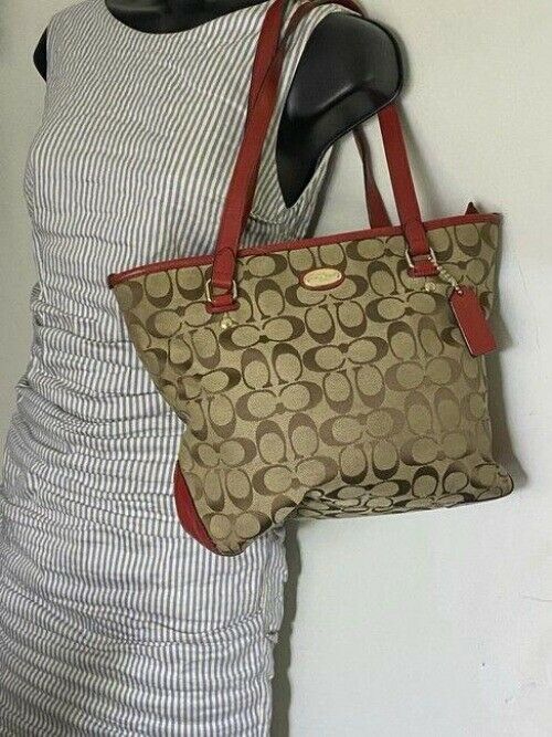 Coach Medium Tote Msrp Beige Tan Jacquard Fabric Shoulder Bag