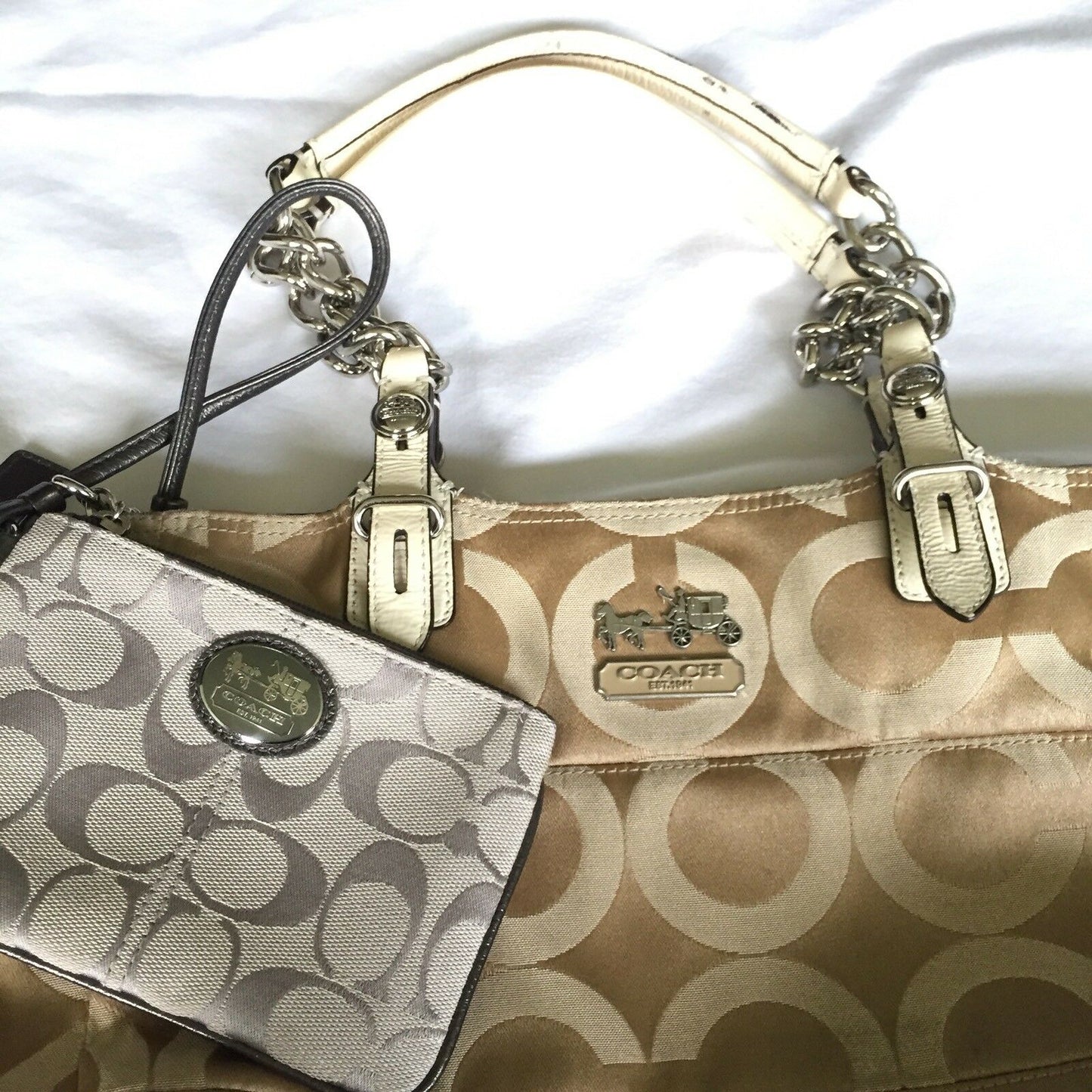COACH Gold Jacquard Medium Tote W Silver Grey Pouch Msrp $400