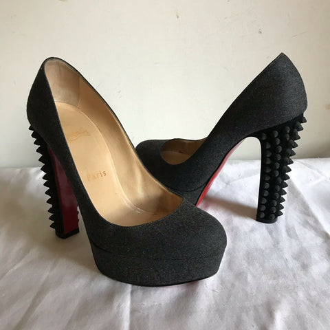 CHRISTIAN LOUBOUTIN Grey Denim Classic Pumps W/ Heel Spikes On Heels 36.5