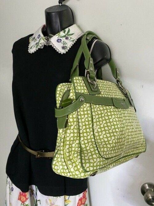 coach medium handbag green white coated canvas tote