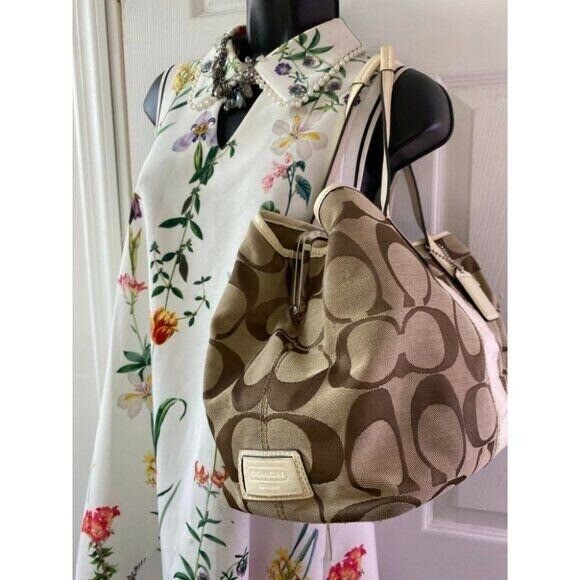 COACH Large Tan Brown Jacquard Fabric Tote Bag