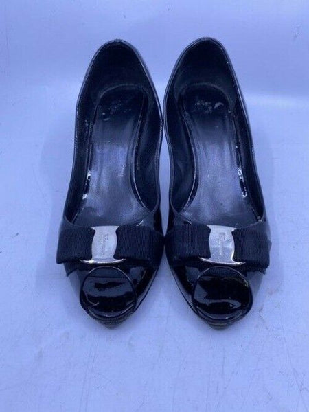 Salvatore Ferragamo Black Ribes Open Toe Bow Pumps Size Us