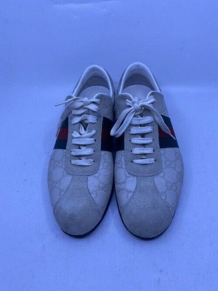Gucci White Leather Gg Lace Up Redgreen Stripe White Sneakers Size Us