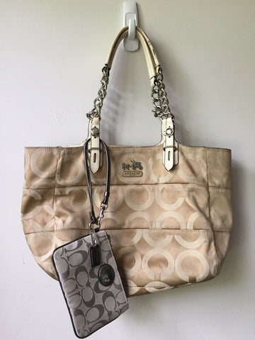 COACH Gold Jacquard Medium Tote W Silver Grey Pouch Msrp $400