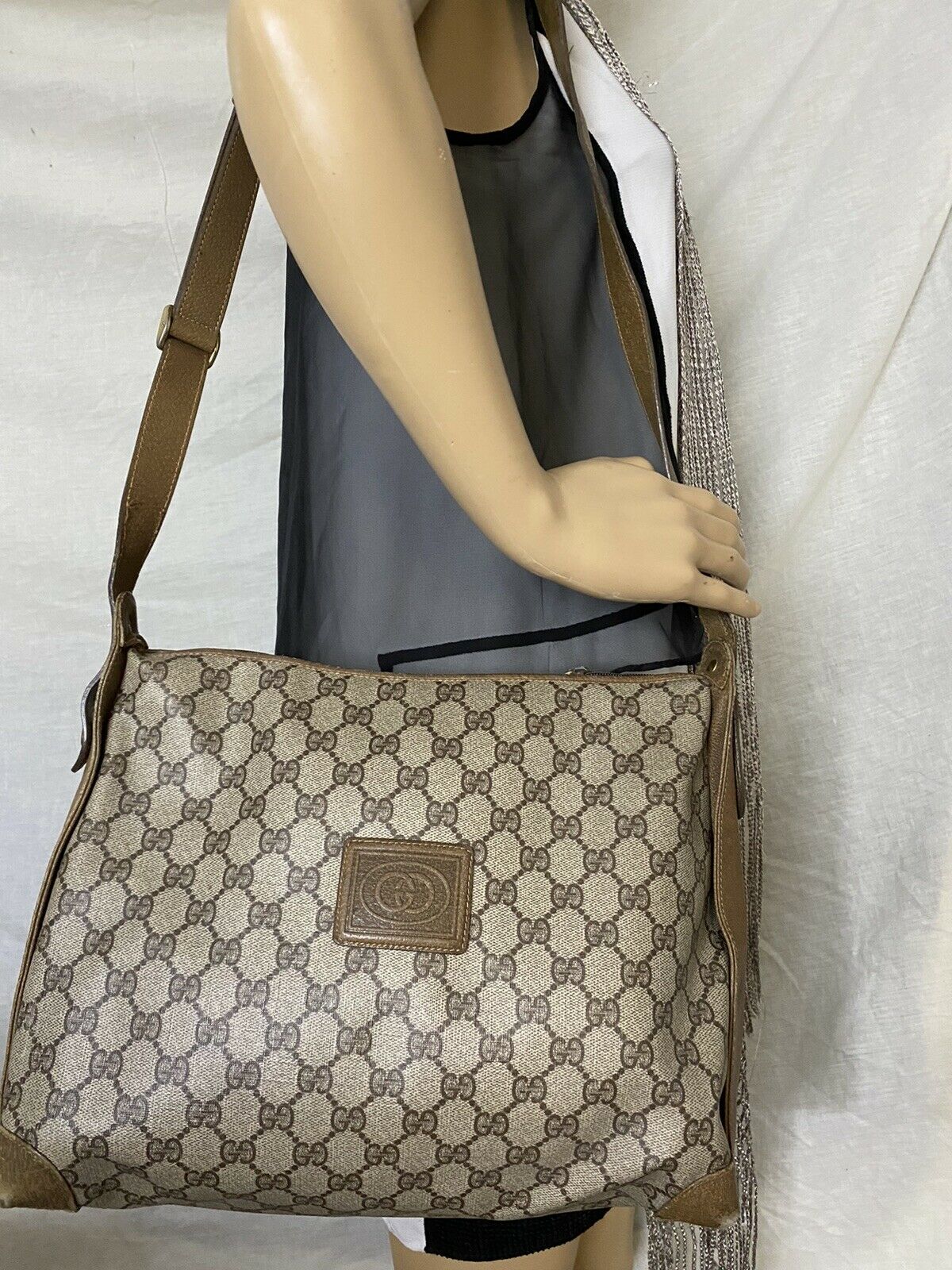 GUCCI Vintage Brown Coated Canvas/ Leather Shoulder Bag