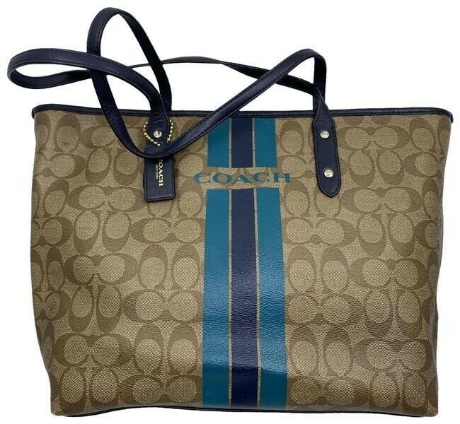 coach shopping beige navy coated canvas tote