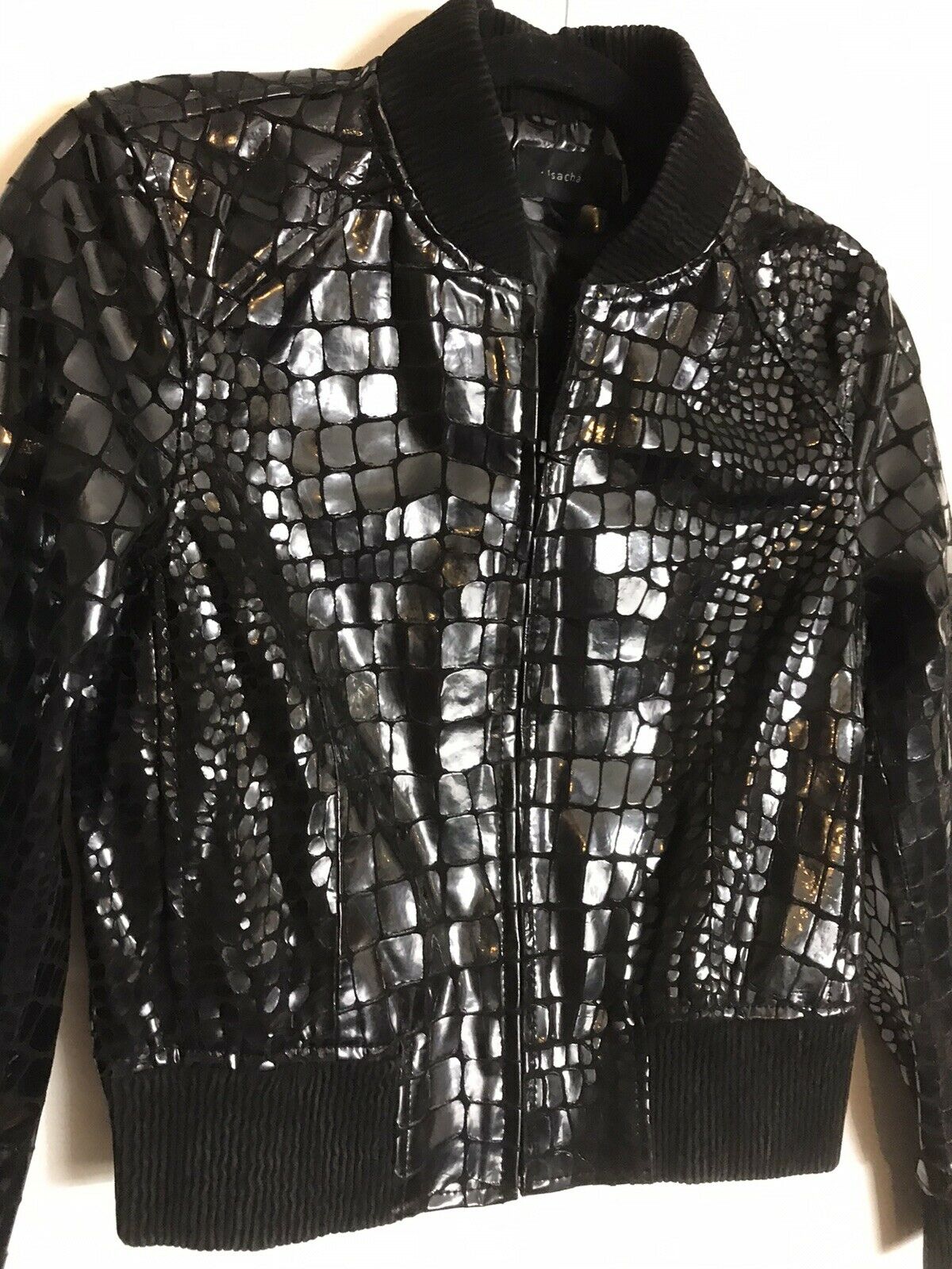 ROSA CHA Black Croc  Embossed Bomber Jacket Small