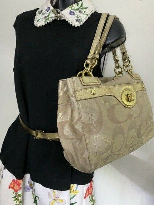 coach large gray gold fabric shoulder bag