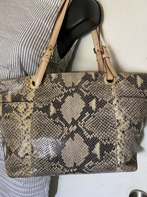 michael kors bag snake print beige black leather tote