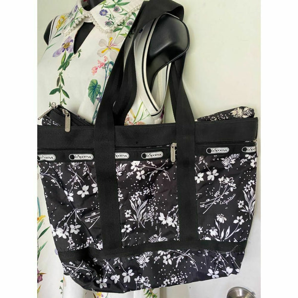 Le Sportsac Black White Floral Nylon Tote Bag