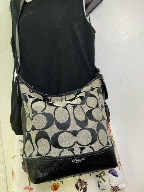 coach beige black jacquard fabric cross body bag