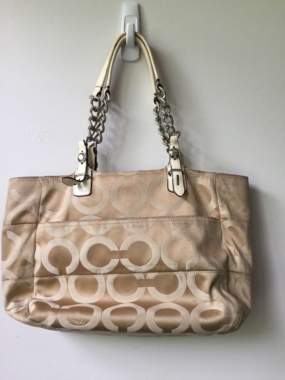 COACH Gold Jacquard Medium Tote W Silver Grey Pouch Msrp $400