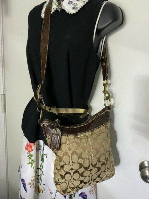 coach medium size brown beige jacquard fabric cross body bag