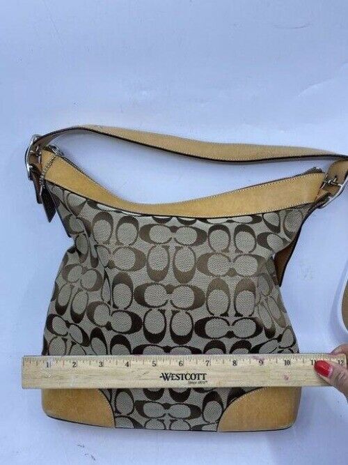 coach medium size tan brown jacquard fabric cross body bag