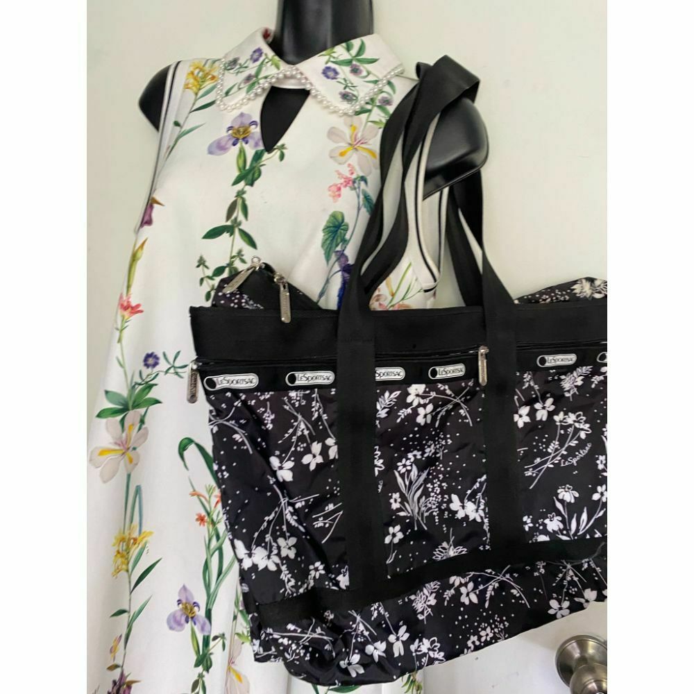 Le Sportsac Black White Floral Nylon Tote Bag