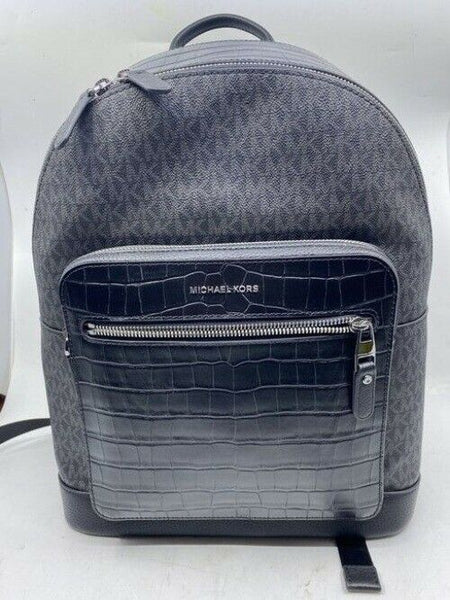 Michael Kors Hudson Crocodile Embossed And Logo Black Leather Backpack
