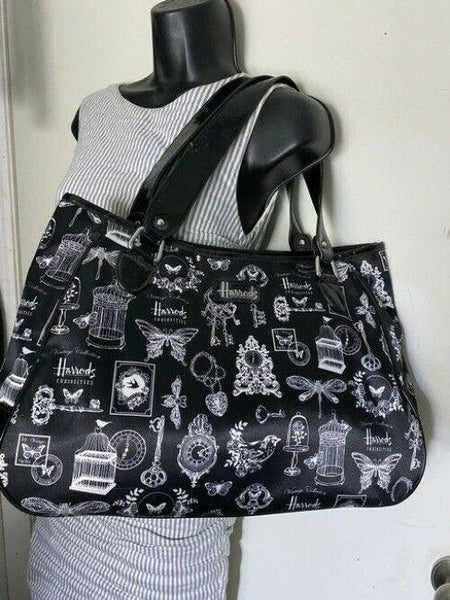 Harrods Shoulder Bag Black White Nylon Fabric Tote