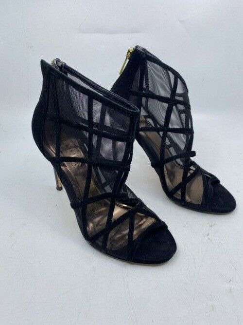 Black Xstal Mesh Peep Toe Heels In Leather Bootsbooties Size Eu