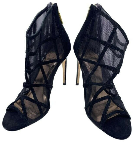 Black Xstal Mesh Peep Toe Heels In Leather Bootsbooties Size Eu