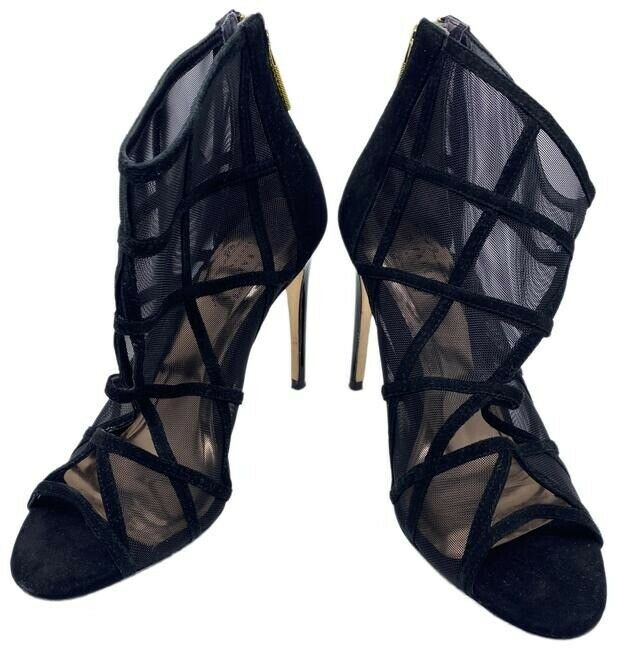 Black Xstal Mesh Peep Toe Heels In Leather Bootsbooties Size Eu