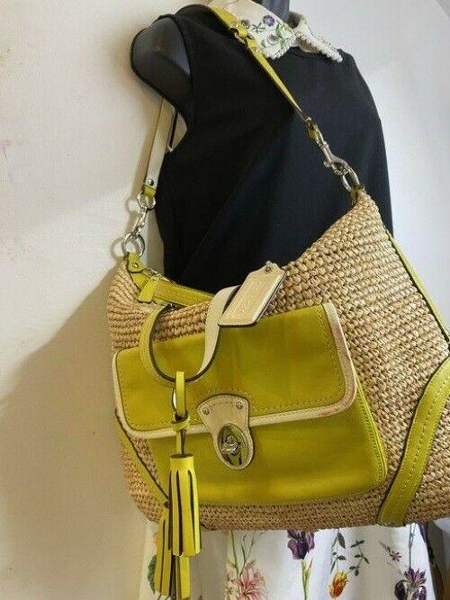 coach xl w w leather trim tan green woven straw tote