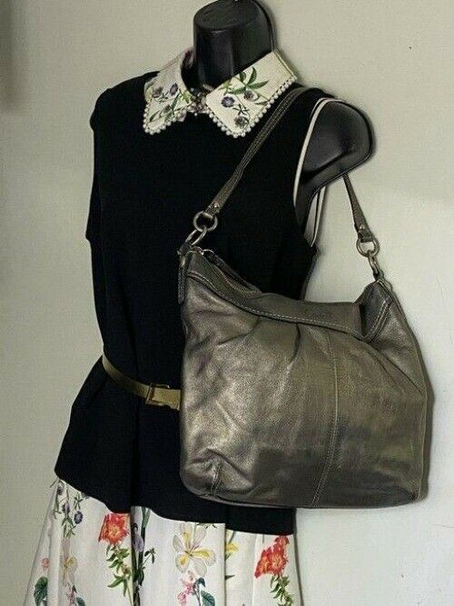 coach large silver gray leather shoulder bag