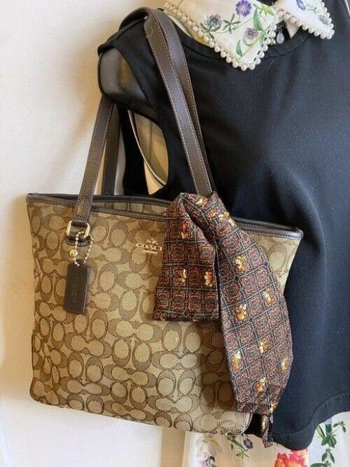 coach w all over logo w add on pooh beige brown jacquard fabric tote