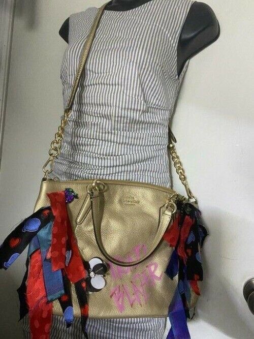 Coach w hand shoulder customized by me w applique street art gold shoulder bag