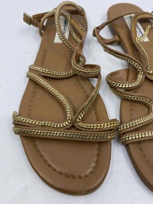 Jimmy Choo Brown Nickel Flat Tan Leather With Chain Sandals Size Eu