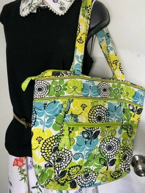 vera bradley bag quilted green blue white fabric tote
