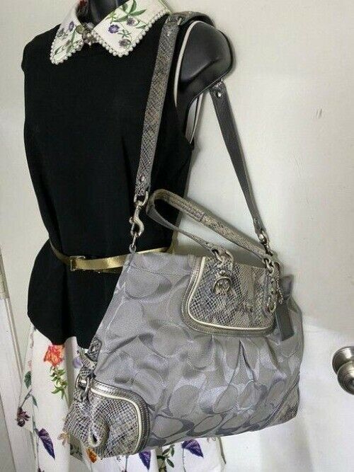 coach large snakeskin gray fabric shoulder bag
