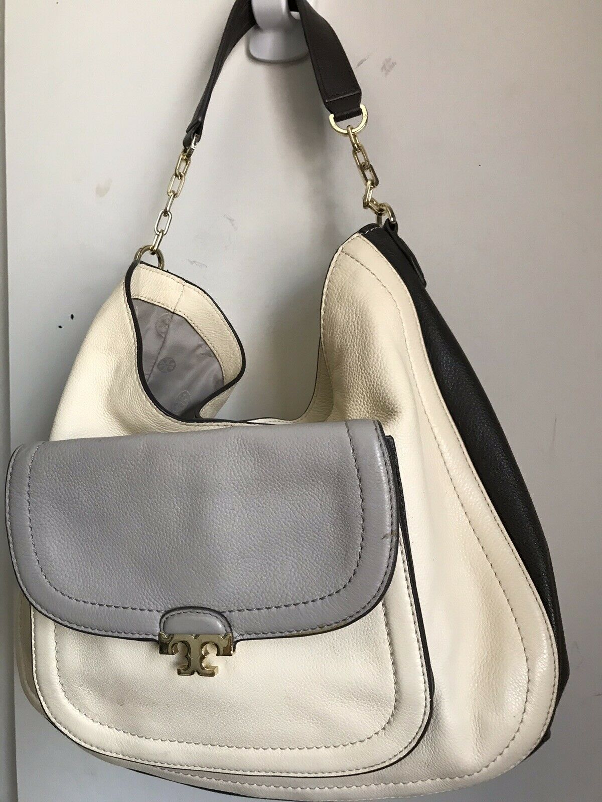 TORY BURCH Grey/ Beige Leather Hobo Bag
