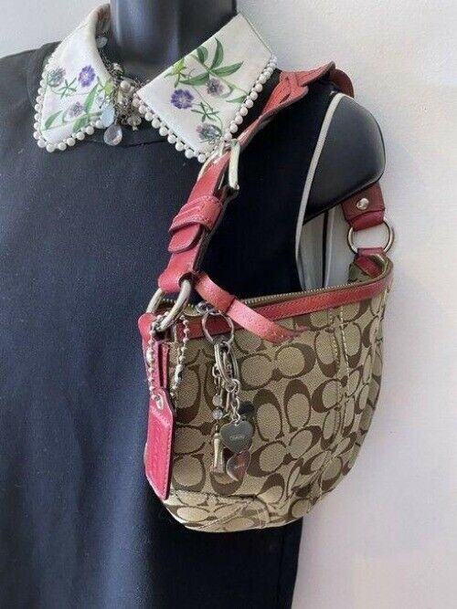 coach mini bag pink tan fabric tote