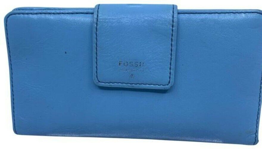 Fossil Blue Leather Large Card Id With Expandable Snap Wallet