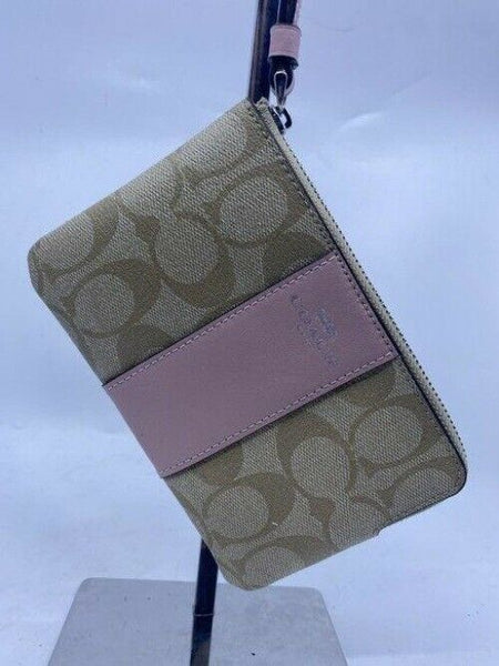 Coach Signature C Logo Inside Pink Beige Wristlet