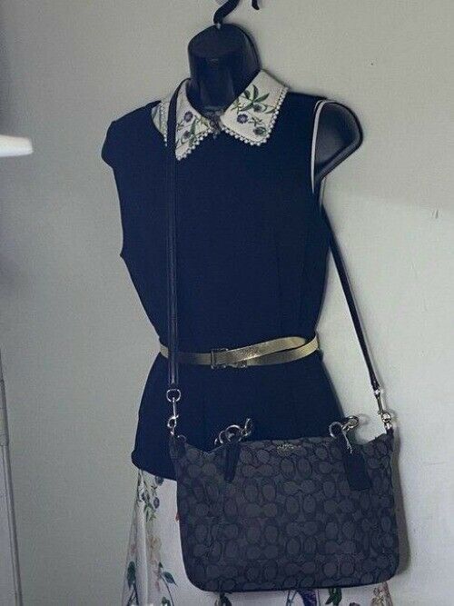 coach medium size black gray jacquard fabric cross body bag