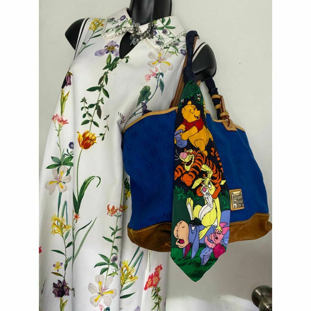 Dooney & BOURKE Blue Brown Large Fabric Tote Bag w/ Detachable Tie Sash