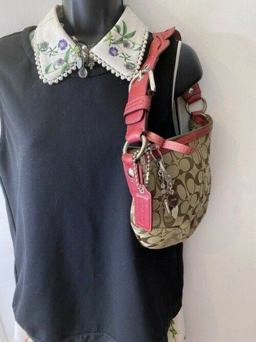 coach mini bag pink tan fabric tote