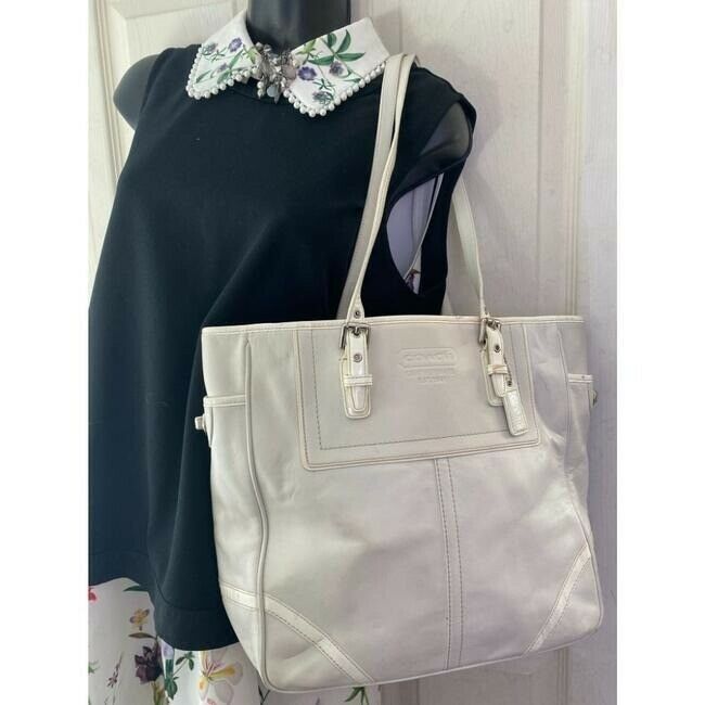 COACH XL White Leather Shopping Tote Bag
