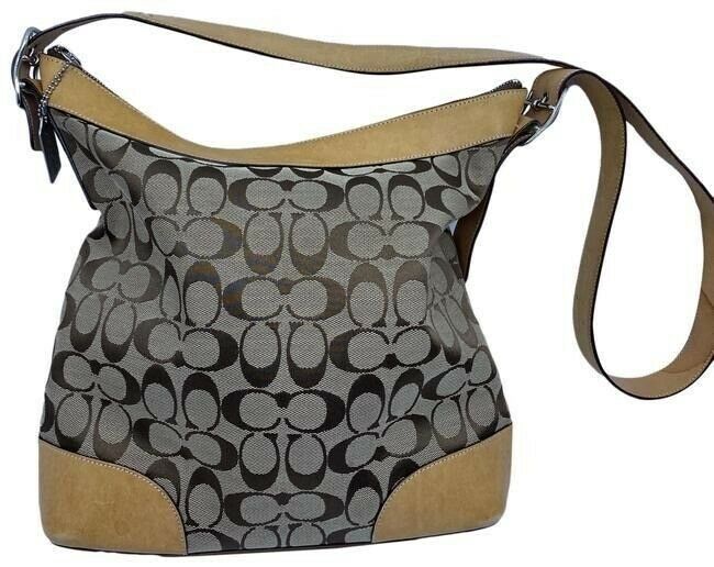 coach medium size tan brown jacquard fabric cross body bag